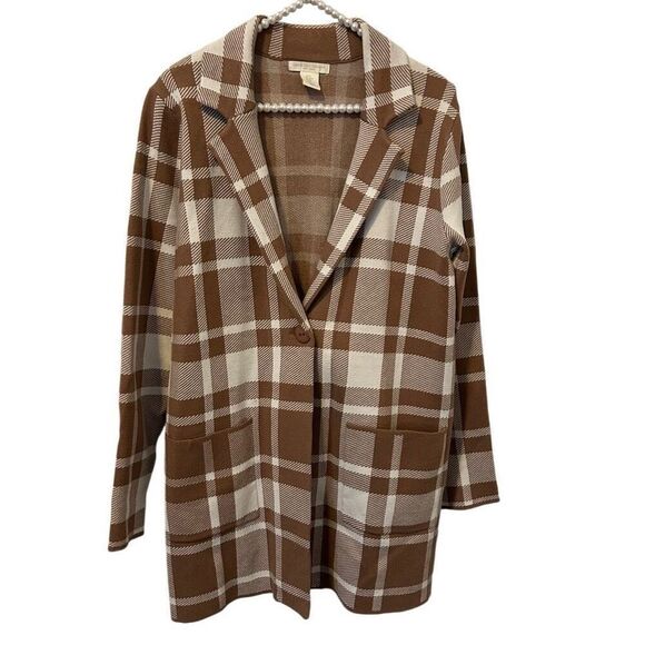 Christian Siriano Plaid Cardigan open medium Brown & White money luxury travel - Picture 1 of 9